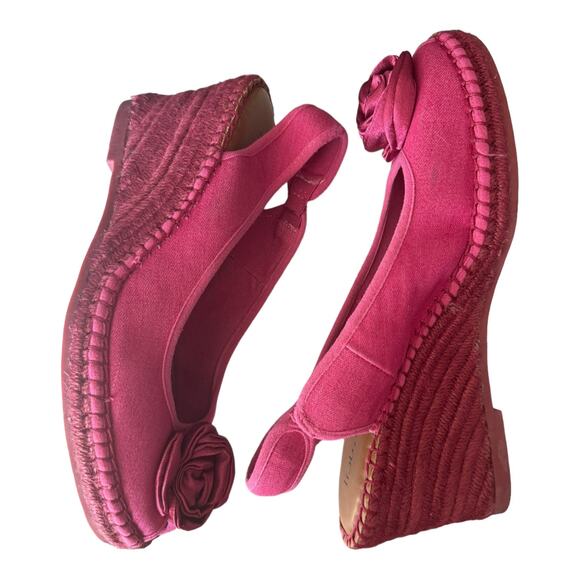 Libby Edelman Curtsy Pink Denim Rosette Wedge peep toe Espadrille size 8.5 - Picture 7 of 16